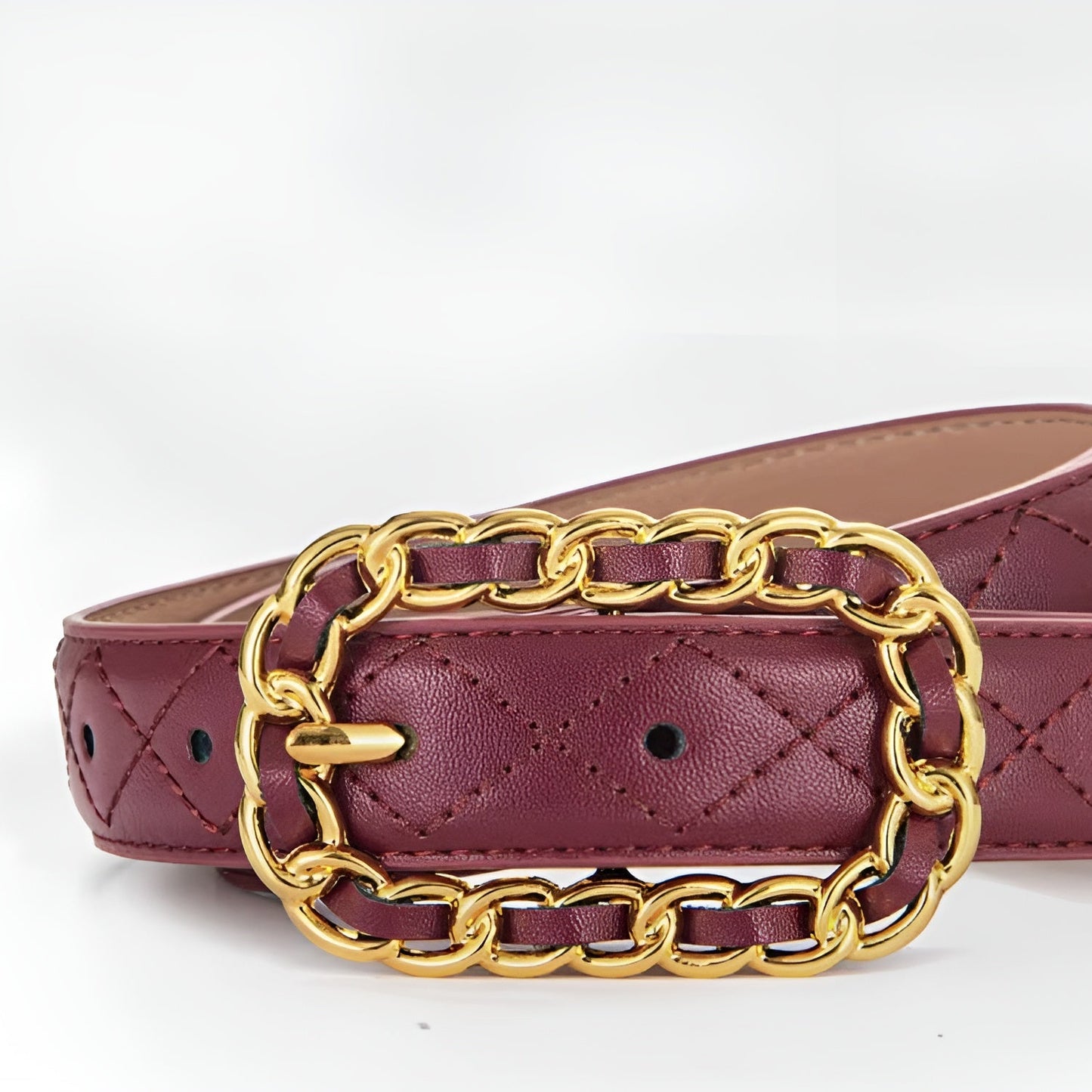 Ceinture Femme Cuir Rouge Bordeaux Matelassée à Boucle Chaîne Dorée – Florence