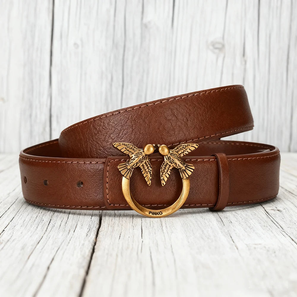Ceinture Femme Cuir Marron – Boucle Dorée Oiseaux Anneau