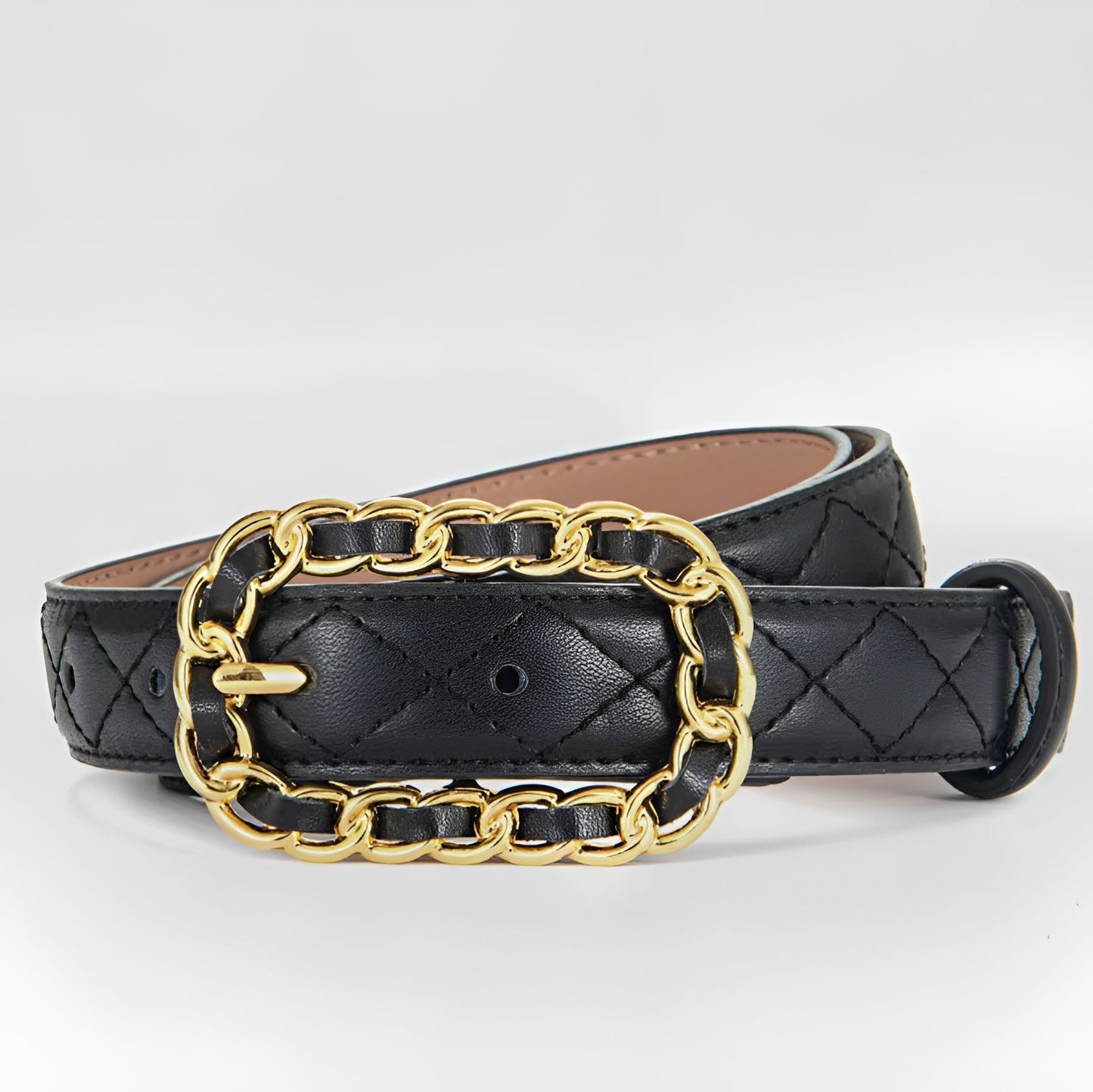 Ceinture Femme Cuir Noire Matelassée à Boucle Chaîne Dorée – Monaco
