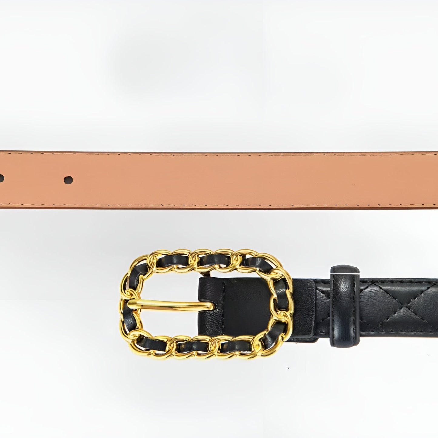 Ceinture Femme Cuir Noire Matelassée à Boucle Chaîne Dorée – Monaco