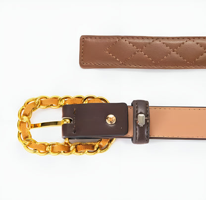 Ceinture Femme Cuir Marron Camel Matelassée à Boucle Chaîne Dorée – Casablanca