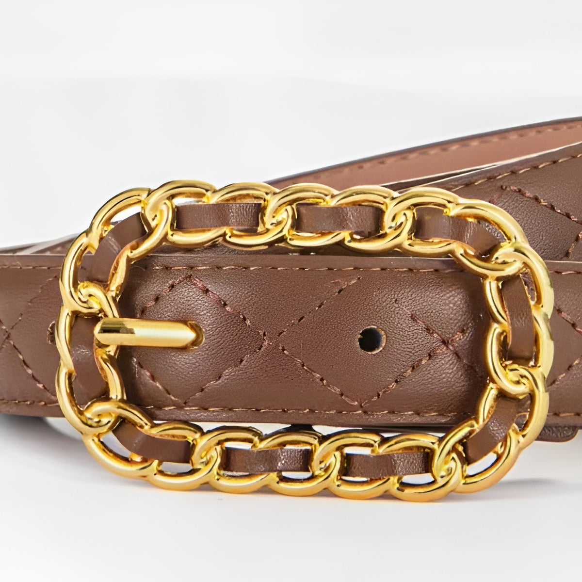 Ceinture Femme Cuir Marron Camel Matelassée à Boucle Chaîne Dorée – Casablanca