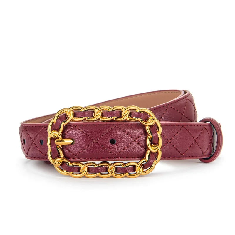 Ceinture Femme Cuir Rouge Bordeaux Matelassée à Boucle Chaîne Dorée – Florence