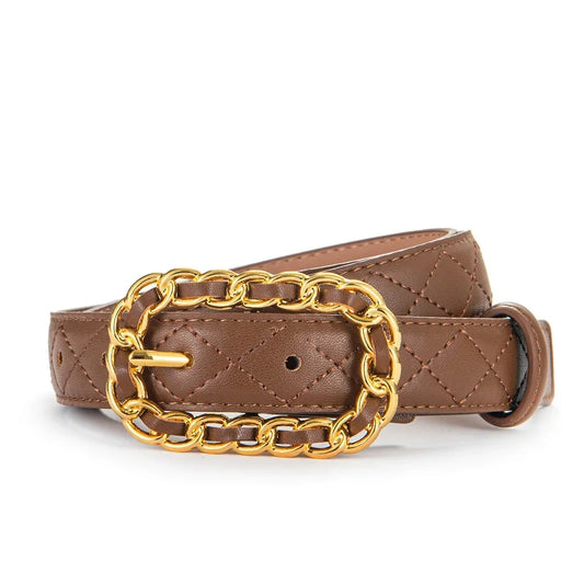 Ceinture Femme Cuir Marron Camel Matelassée à Boucle Chaîne Dorée – Casablanca