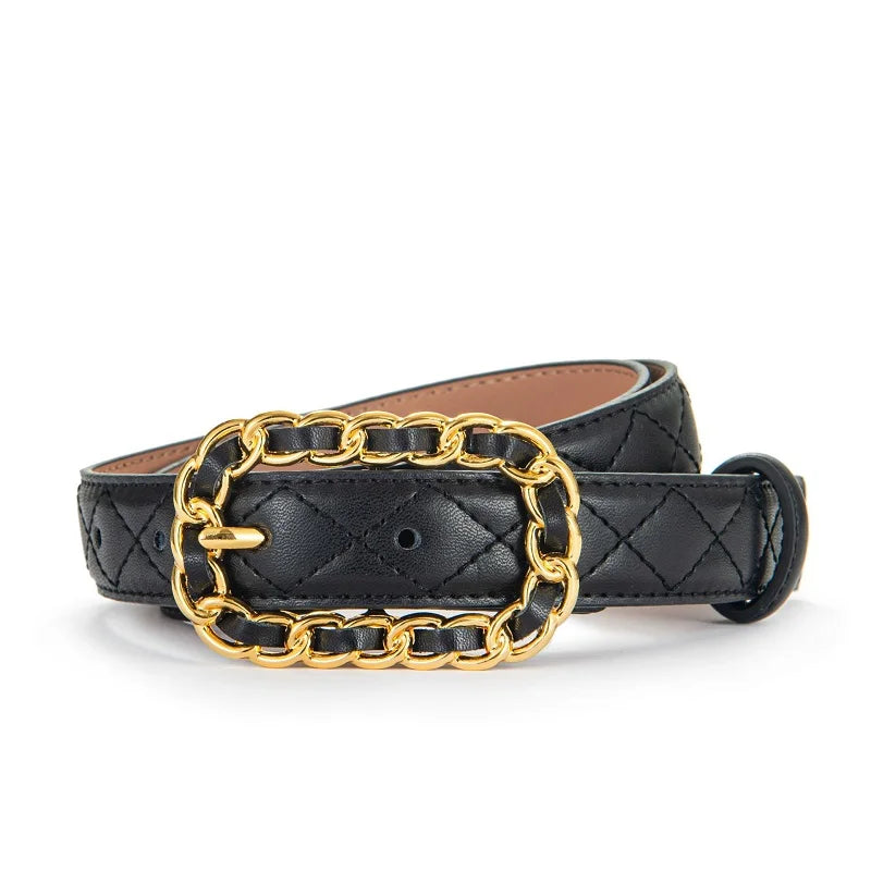 Ceinture Femme Cuir Noire Matelassée à Boucle Chaîne Dorée – Monaco