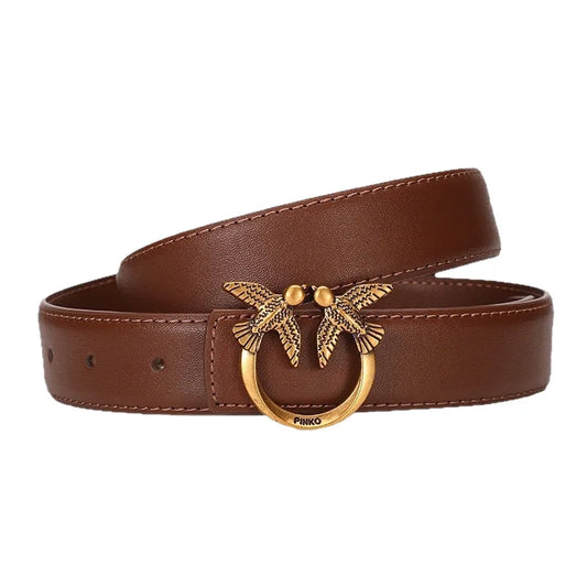 Ceinture Femme Cuir Marron – Boucle Dorée Oiseaux Anneau