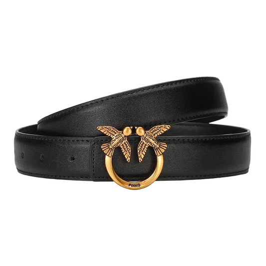 Ceinture Femme Cuir Noire – Boucle Dorée Oiseaux Anneau