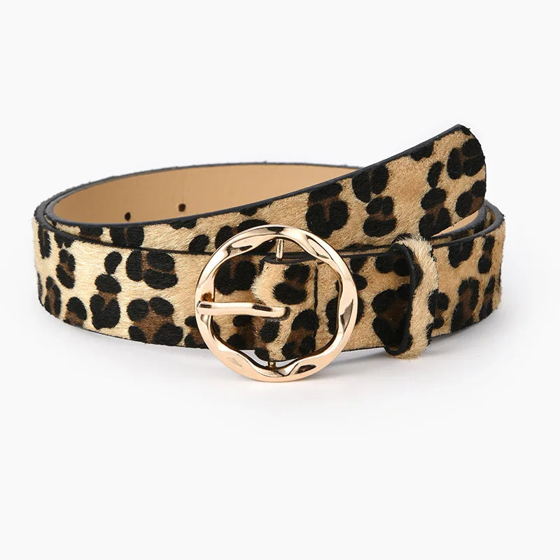 Ceinture Femme Cuir – Motif Léopard Boucle Ronde Dorée